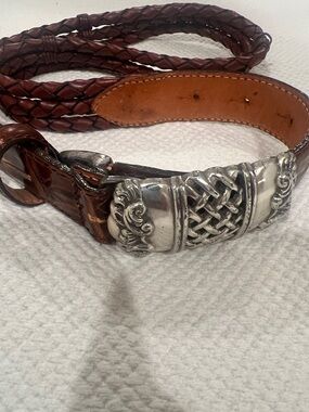 Brighton Brown Braided Leather Belt with Silver Ornate Buckle